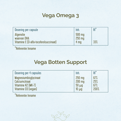 Ingrediëntentabellen van de Vega Omega 3 en Vega Botten Support vitamine supplementen van Laveen.