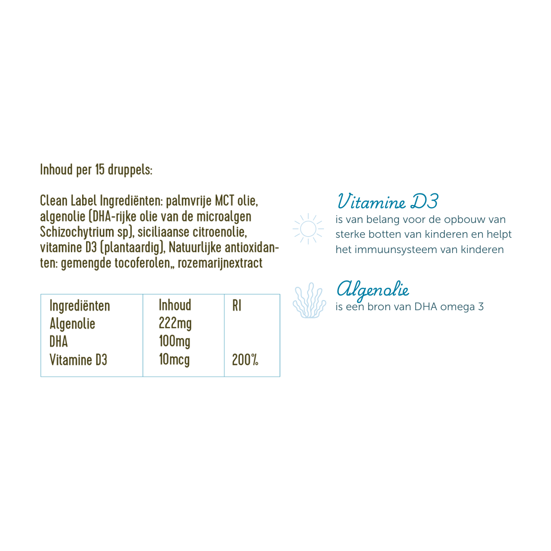 Ingrediëntenlijst van de DHA Omega 3 druppels: palmvrije MCT olie, algenolie (DHA-rijke olie van de microalgen schizochytrium sp), siciliaanse citroenolie, vitamine D3 (plantaardig), natuurlijke antioxidanten: gemengde tocoferolen, rozemarijnextract.