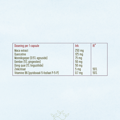 Supplementtabel van Laveen (Pre) Menstruatie Balans met dosering per capsule: maca extract 250 mg, quercetine 125 mg, monnikspeper 75 mg, gember 50 mg, dong quai 50 mg, zink 5 mg en vitamine B6 0,7 mg.