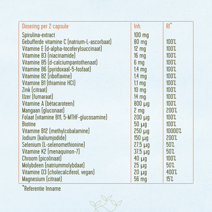 Ingrediëntentabel Laveen Vega Multi. Deze is ook te vinden in de FAQ sectie.