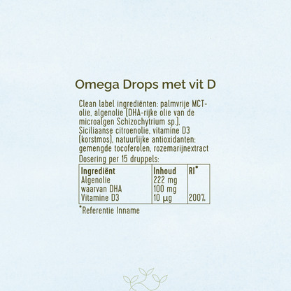 Ingrediënten en voedingswaarden van Laveen DHA Omega 3 Drops met vitamine D3. Bevat algenolie, palmvrije MCT-olie en natuurlijke ingrediënten. Per 15 druppels: 100 mg DHA en 10 µg vitamine D3 (200% RI).