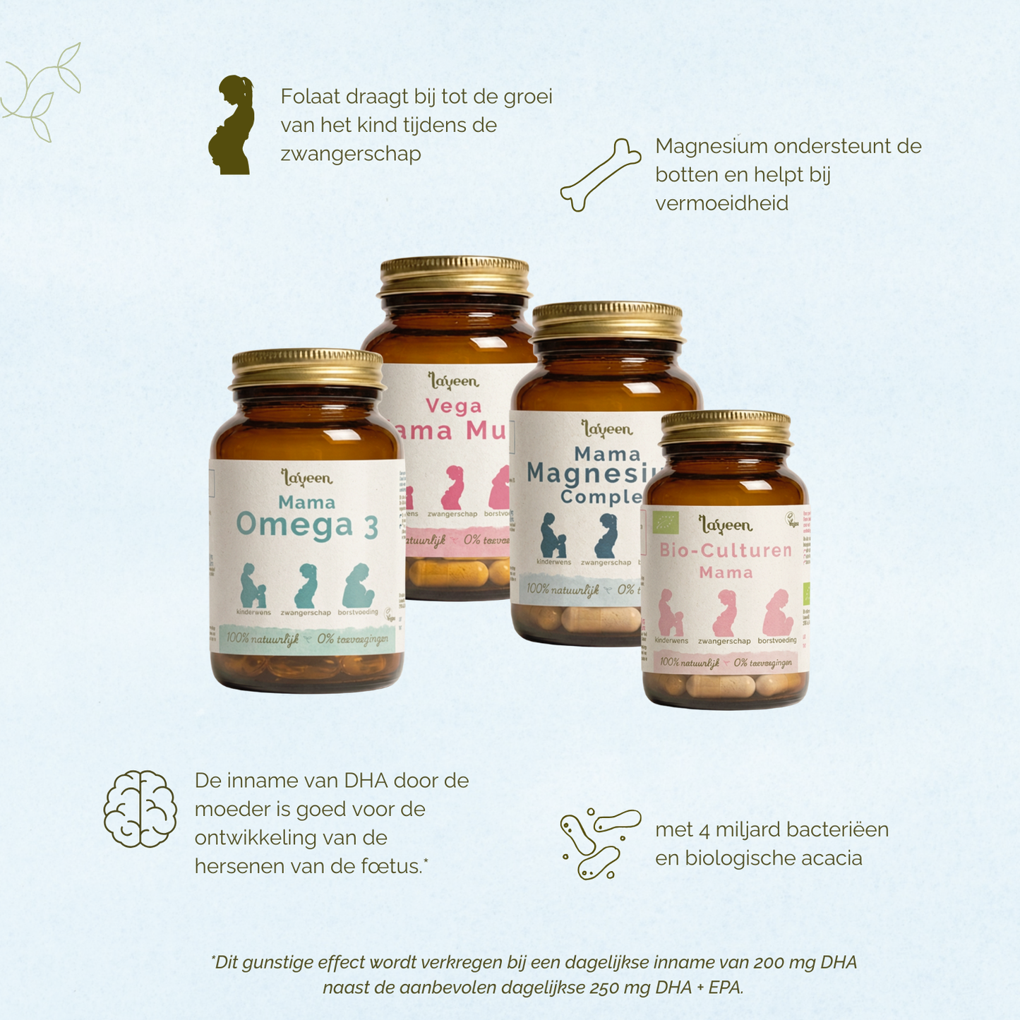 Folaat draag bij tot de groei van het kind tijdens de zwangerschap. Magnesium ondersteunt de botten en helpt bij vermoeidheid. De inname van DHA door de moeder is goed voor de ontwikkeling van de hersenen van de foetus. De Mama Bio-Culturen bevat 4 miljard bacteriën en biologische acacia.