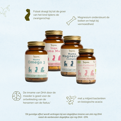 Folaat draag bij tot de groei van het kind tijdens de zwangerschap. Magnesium ondersteunt de botten en helpt bij vermoeidheid. De inname van DHA door de moeder is goed voor de ontwikkeling van de hersenen van de foetus. De Mama Bio-Culturen bevat 4 miljard bacteriën en biologische acacia.