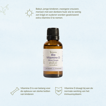 Afbeelding van Laveen Bio Vitamine D druppels. Aanbevolen voor baby’s, jonge kinderen, zwangere vrouwen, mensen met een donkere huid, mensen die weinig zon krijgen en ouderen.

Vitamine D is belangrijk voor de opbouw van sterke botten bij kinderen en ondersteunt de normale werking van het immuunsysteem.