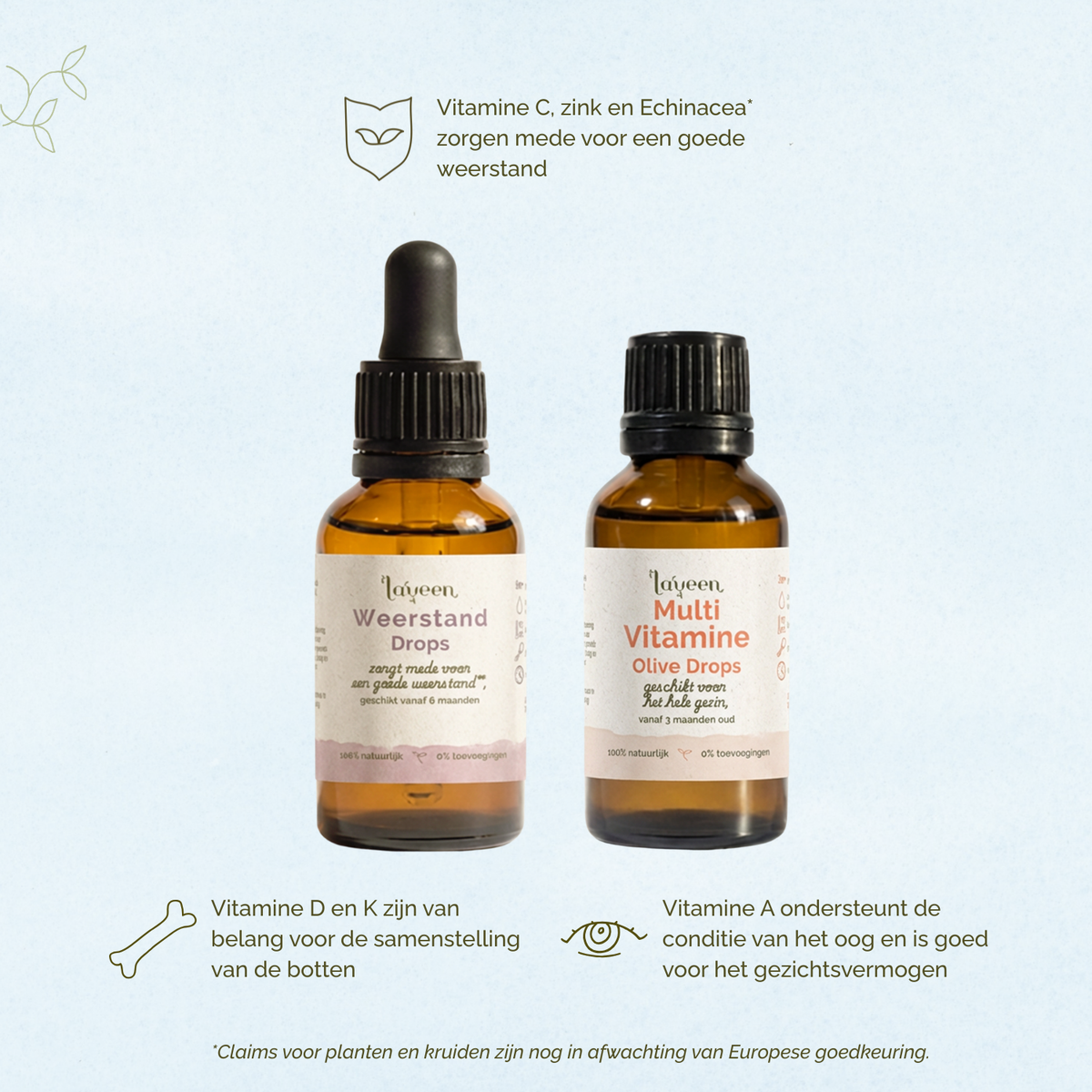 Vitamine C, zink en Echinacea zorgen mede voor een goede weerstand. Vitamine D en K zijn van belang voor de samenstelling van de botten en Vitamine A ondersteund de conditie van het oog.