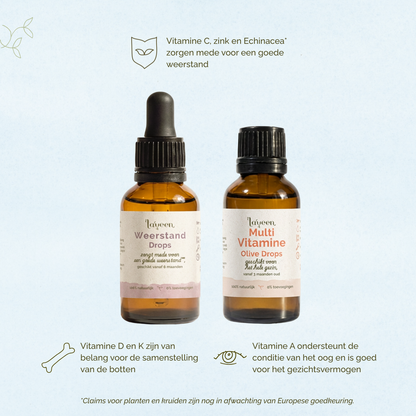 Vitamine C, zink en Echinacea zorgen mede voor een goede weerstand. Vitamine D en K zijn van belang voor de samenstelling van de botten en Vitamine A ondersteund de conditie van het oog.