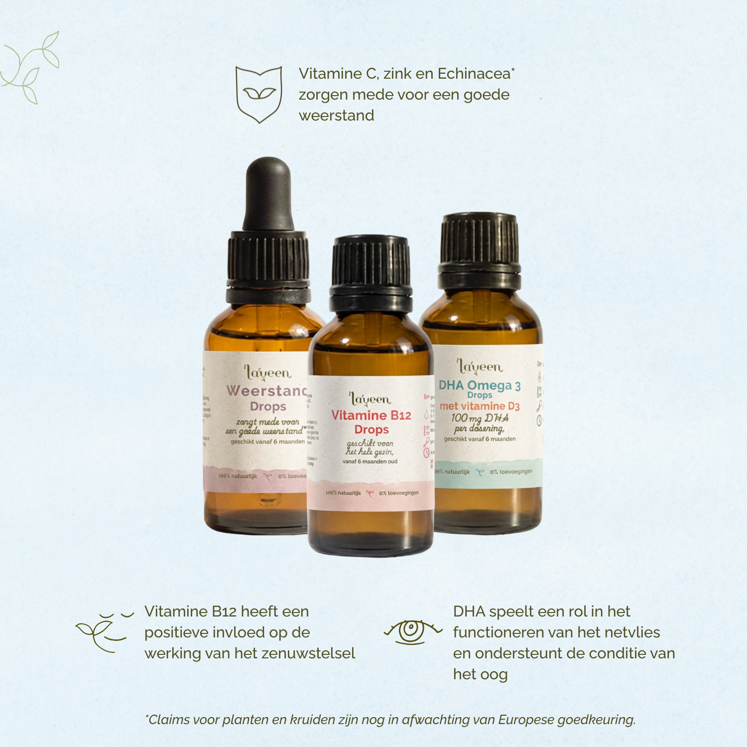 Vitamine C, zink en Echinacea zorgen mede voor een goede weerstand. Vitamine B12 heeft een positieve invloed op de werking van het zenuwstelsel. DHA speelt een rol in het functioneren van het netvlies.