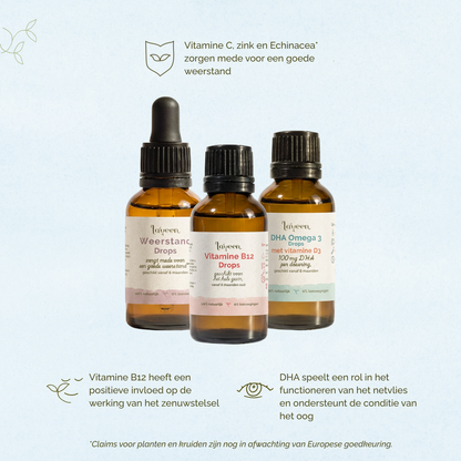 Vitamine C, zink en Echinacea zorgen mede voor een goede weerstand. Vitamine B12 heeft een positieve invloed op de werking van het zenuwstelsel. DHA speelt een rol in het functioneren van het netvlies.