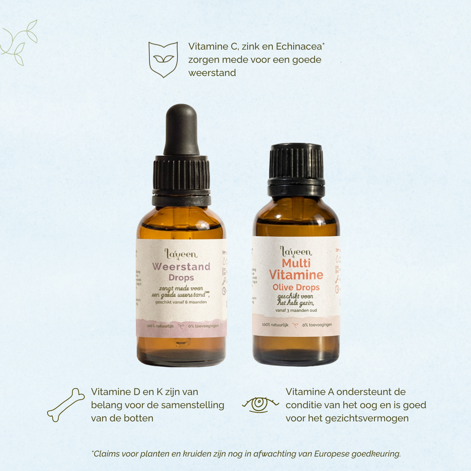 Vitamine C, zink en Echinacea zorgen mede voor een goede weerstand. Vitamine D en K zijn van belang voor de samenstelling van de botten en Vitamine A ondersteund de conditie van het oog.