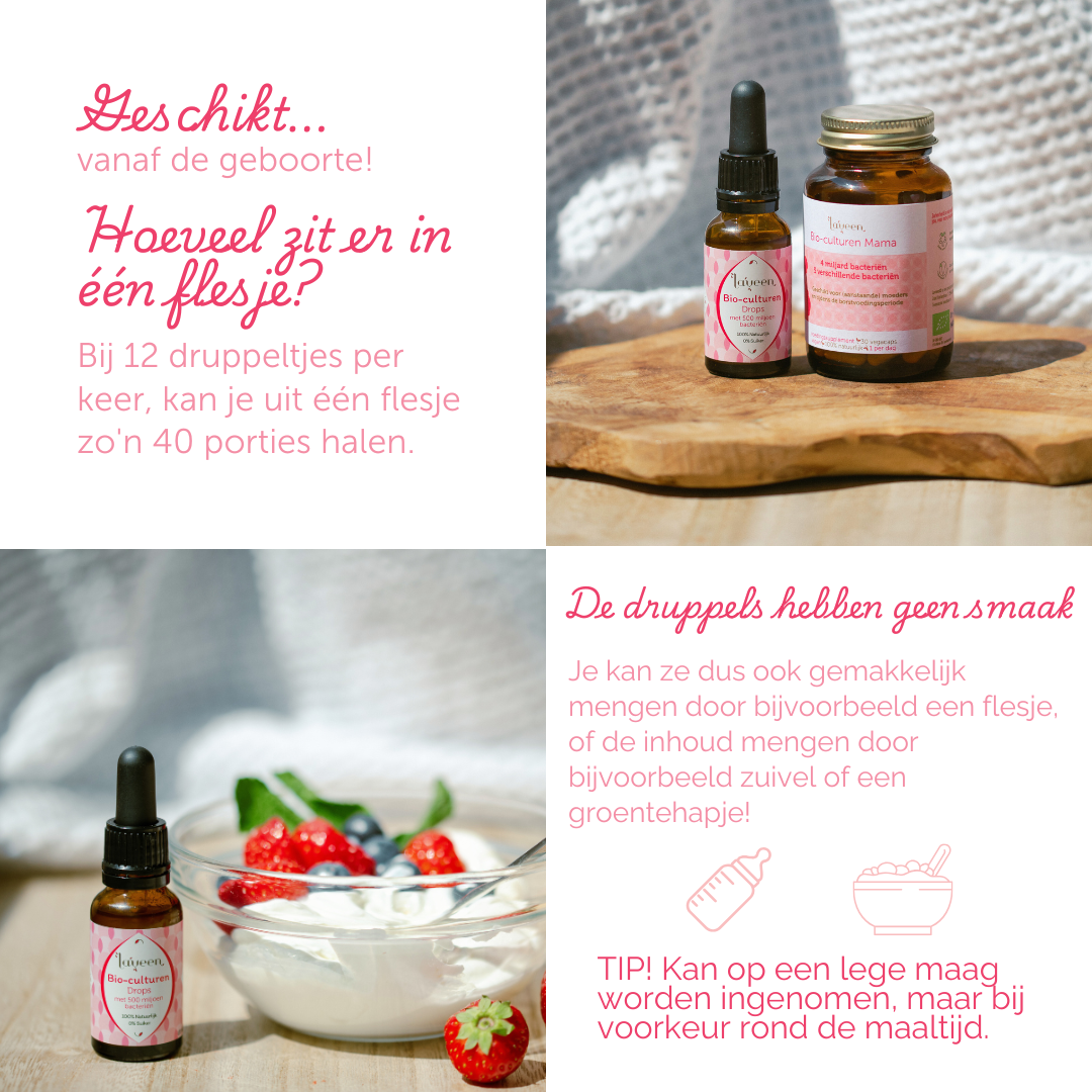 Gebruiksadviezen: geschikt vanaf de geboorte, 12 druppels per dag. De druppels hebben geen smaak dus kunnen ook door een flesje of groentehapje gemengd worden.