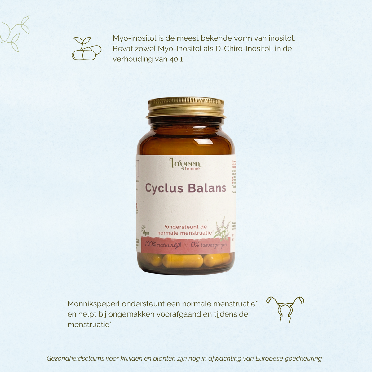 Laveen Cyclus Balans supplement met myo-inositol en monnikspeper voor ondersteuning van een normale menstruatie.