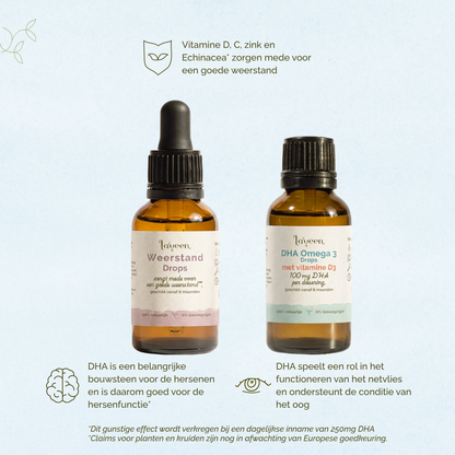 Twee Laveen voedingssupplementen in bruine glazen flesjes: Weerstand Drops met vitamine D, C, zink en echinacea, en DHA Omega 3 Drops met vitamine D3. Beide geschikt vanaf 6 maanden, met informatie over weerstand, hersenfunctie en gezichtsvermogen.