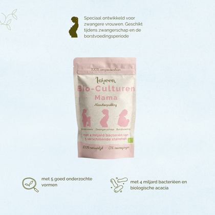 Speciaal ontwikkeld voor zwangere vrouwen. Geschikt tijdens de zwangerschap en borstvoedingsperiode. Met 5 goed onderzochte stammen. Met 4 miljard bacteriën en biologische acacia.