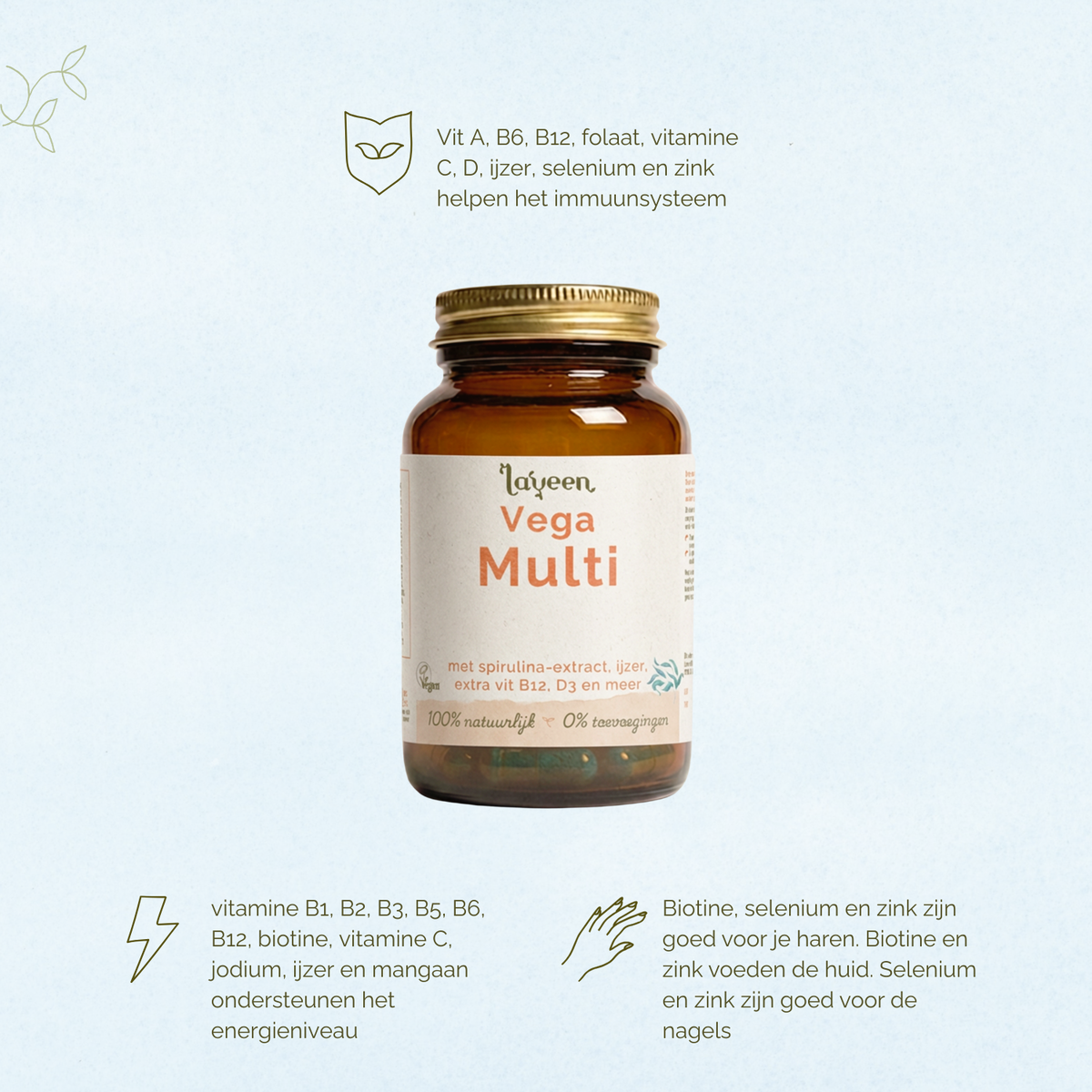 Vitamine A, B6, B12, folaat, vitamine C, D, ijzer, selenium en zink helpen het immuunsysteem. Vitamine B1, B2, B3, B6, B12, biotine, vitamine C, jodium, ijzer en mangaan ondersteunen het energieniveau. Biotine, selenium en zink zijn goed voor je haren. Biotine en zink voeden je huid. Selenium en zink zijn goed voor de huid.