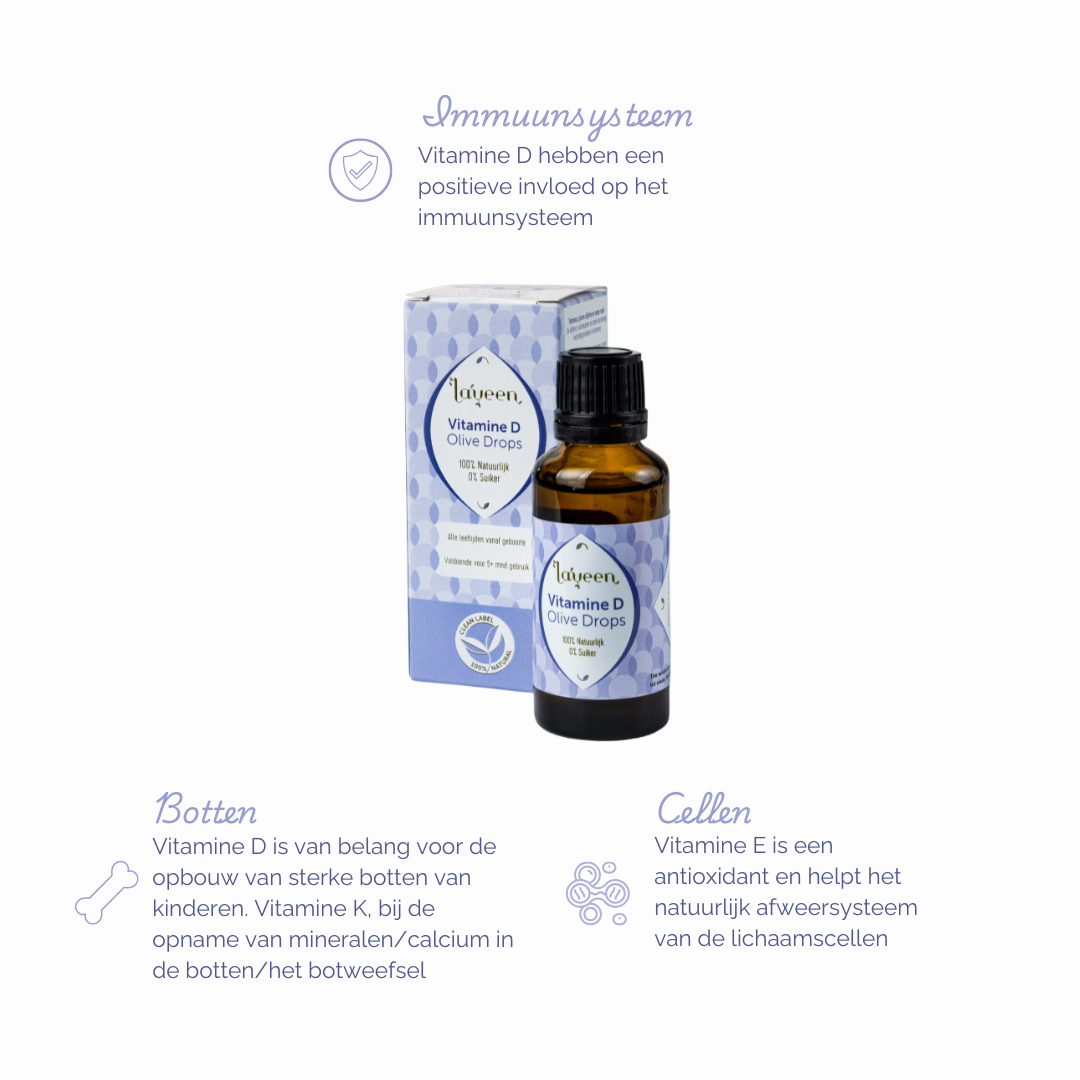Voordelen van de bio vitamine D druppels: vitamine D is van belang voor de opbouw van sterke botten bij kinderen en vitamine K voor de opname van mineralen en calcium in de botten.