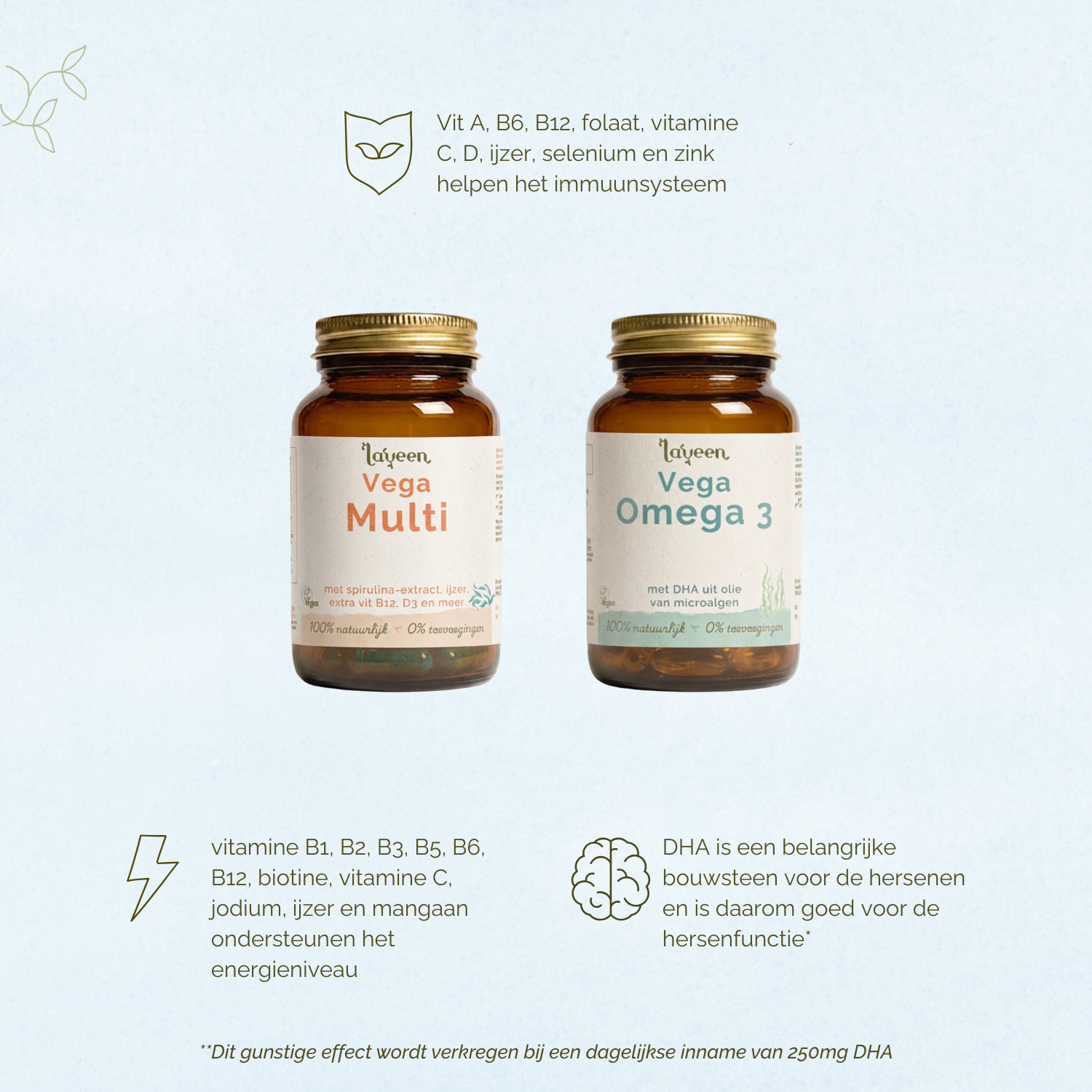 Vitamine A, B6, B12, C, D, folaat, ijzer, selenium en zink helpen het immuunsysteem. Het vitamine B complex, Vitamine C, jodium, ijzer en mangaan ondersteunen het energieniveau. DHA is een belangrijke bouwsteen voor de hersenen en is daarom goed voor de hersenfunctie.
