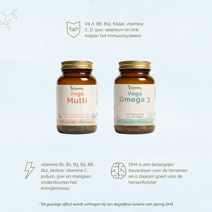Vitamine A, B6, B12, C, D, folaat, ijzer, selenium en zink helpen het immuunsysteem. Het vitamine B complex, Vitamine C, jodium, ijzer en mangaan ondersteunen het energieniveau. DHA is een belangrijke bouwsteen voor de hersenen en is daarom goed voor de hersenfunctie.