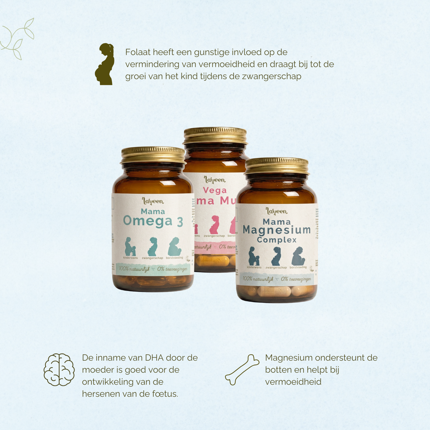 Folaat draag bij tot de groei van het kind tijdens de zwangerschap. De inname van DHA door de moeder is goed voor de ontwikkeling van de hersenen van de foetus. Magnesium ondersteund de botten en helpt bij vermoeidheid.