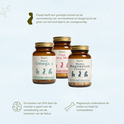 Folaat draag bij tot de groei van het kind tijdens de zwangerschap. De inname van DHA door de moeder is goed voor de ontwikkeling van de hersenen van de foetus. Magnesium ondersteund de botten en helpt bij vermoeidheid.