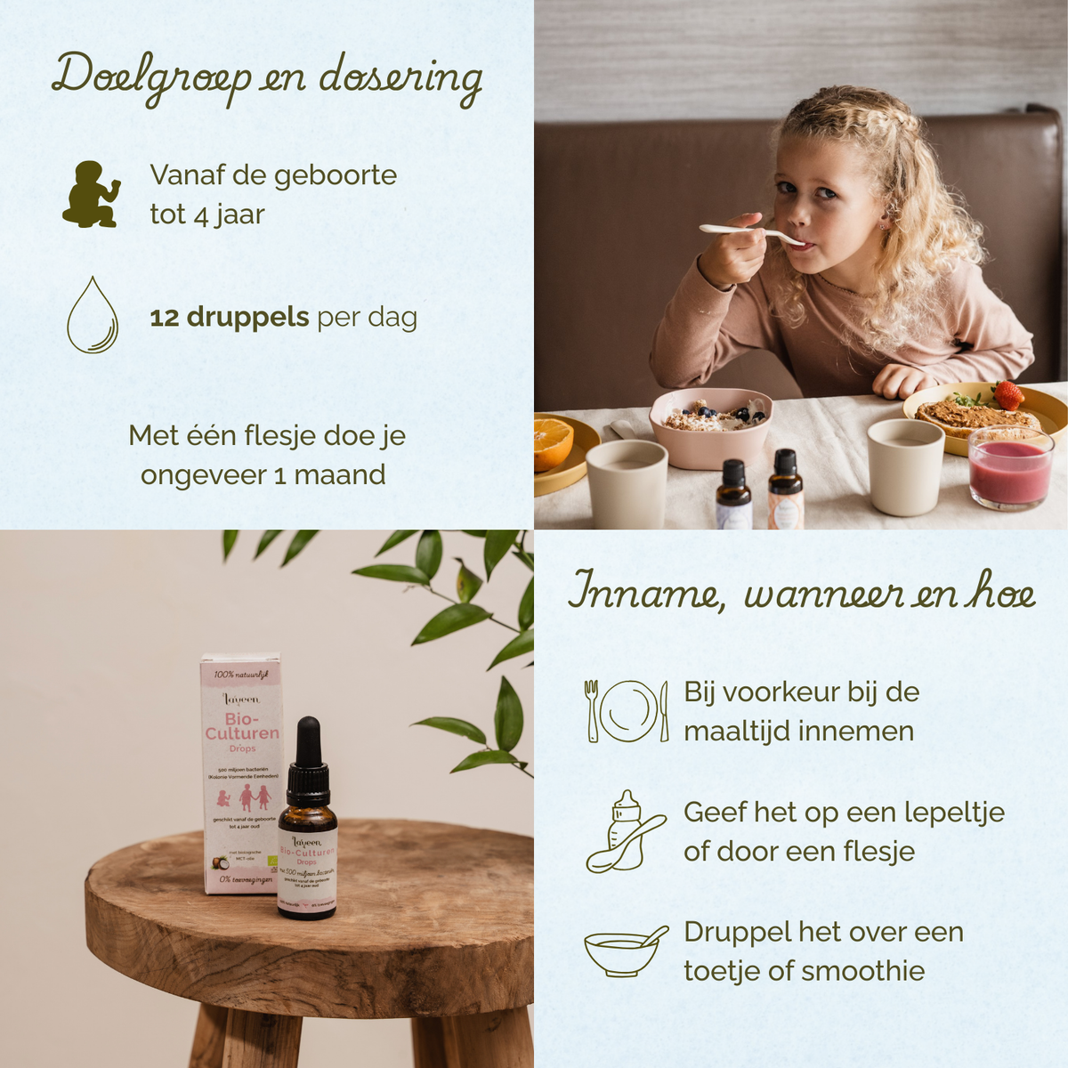 Geschikt vanaf de geboorte tot 4 jaar. 12 druppels per dag, bijvoorkeur bij de maaltijd innemen.