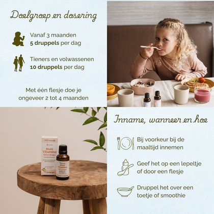 Overzicht van doelgroep, dosering en gebruik van Laveen Multi Vitamine Olive Drops. Geschikt vanaf 3 maanden: 5 druppels per dag. Voor tieners en volwassenen: 10 druppels per dag. Eén flesje is voldoende voor ongeveer 2 tot 4 maanden.

Inname: bij voorkeur tijdens een maaltijd. Kan gegeven worden op een lepeltje, via een flesje of gemengd door eten of een smoothie.