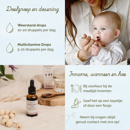 Weerstand drops 10-20 druppels per dag, Multivitamine Drops 5-10 druppels per dag. Bij voorkeur bij de maaltijd innemen.