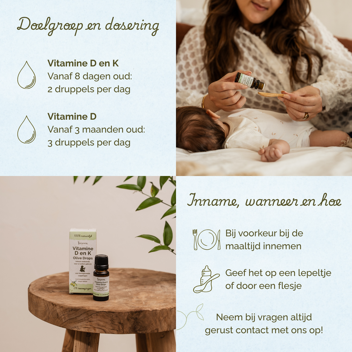 Laveen Vitamine D en K Olive Drops voor zuigelingen, met uitleg over de dagelijkse dosering en praktische tips voor het geven van de druppels.