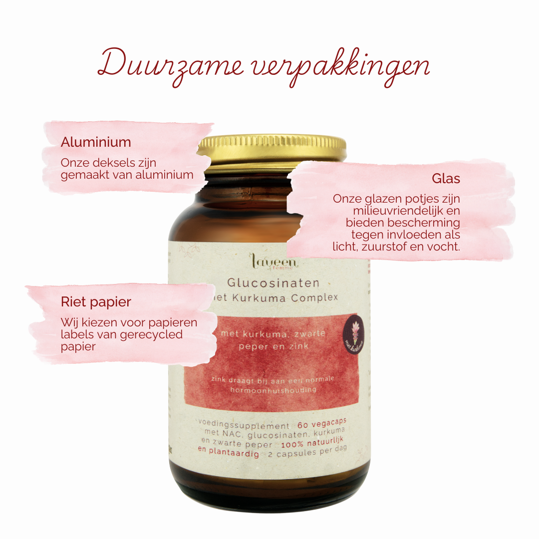 Laveen heeft duurzame verpakkingen; potten van glas, met etiketten van rietpapier en deksels van aluminium.
