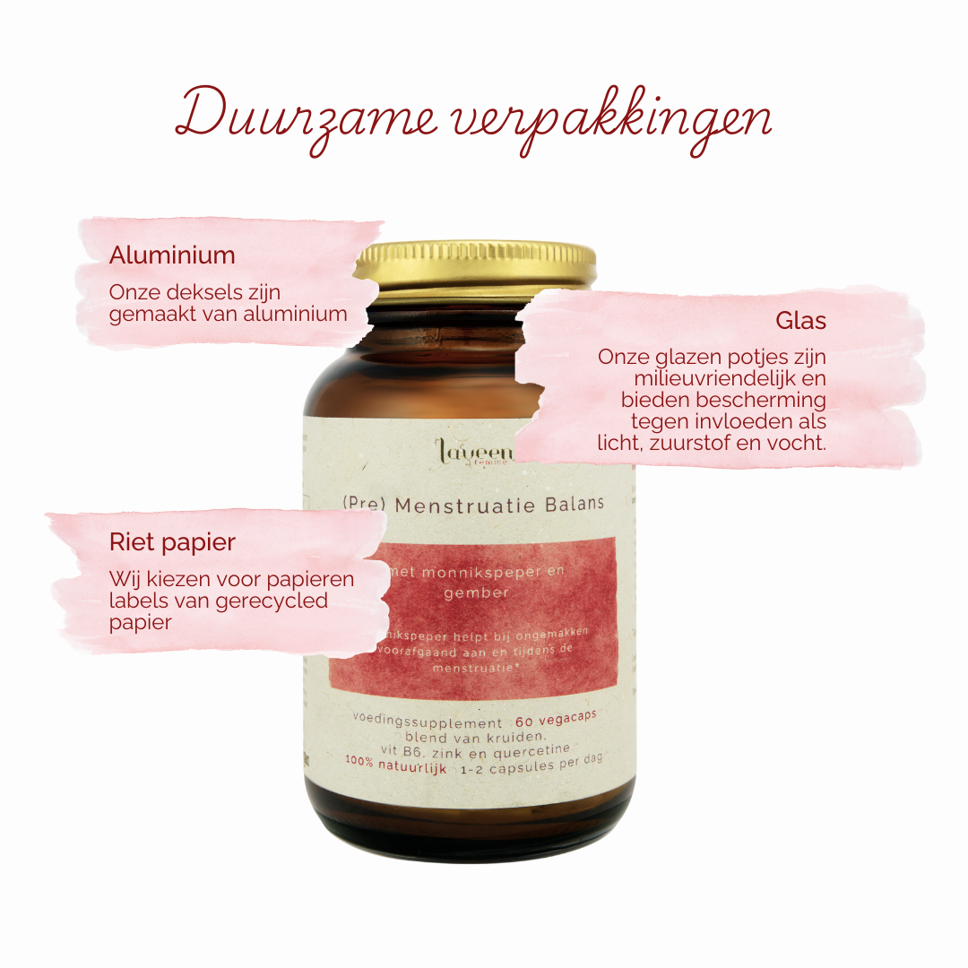 Laveen heeft duurzame verpakkingen; potten van glas, met etiketten van rietpapier en deksels van aluminium.
