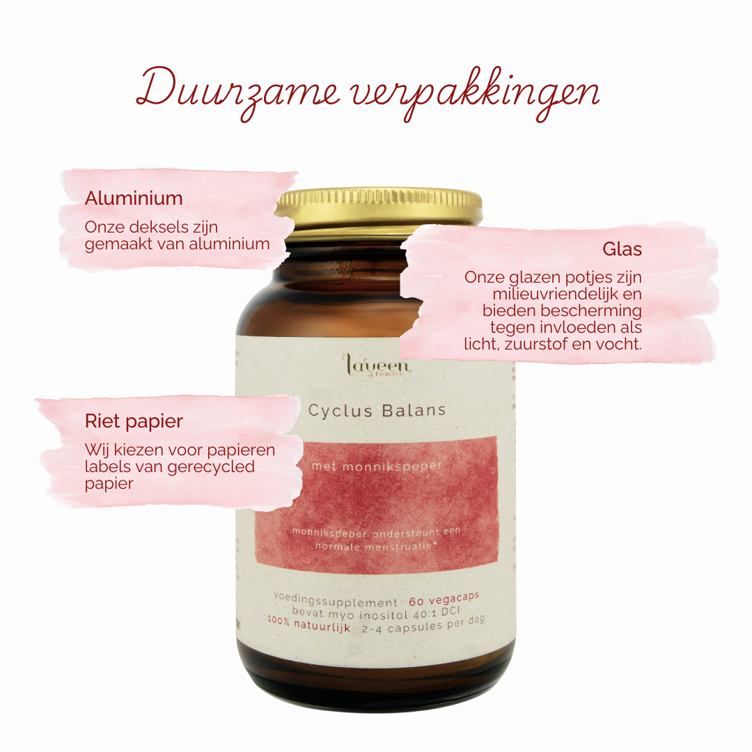 Laveen heeft duurzame verpakkingen; potten van glas, met etiketten van rietpapier en deksels van aluminium.
