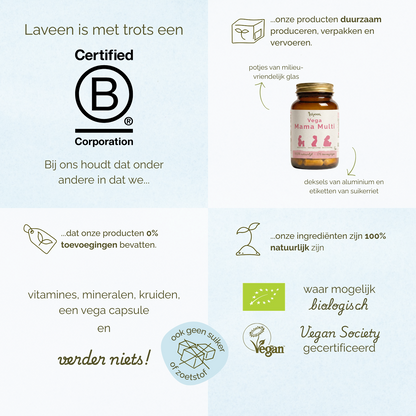Overzicht van Laveen merkwaarden: B Corp gecertificeerd, duurzame verpakkingen, 100% natuurlijke ingrediënten, zonder toevoegingen, vegan en waar mogelijk biologisch.