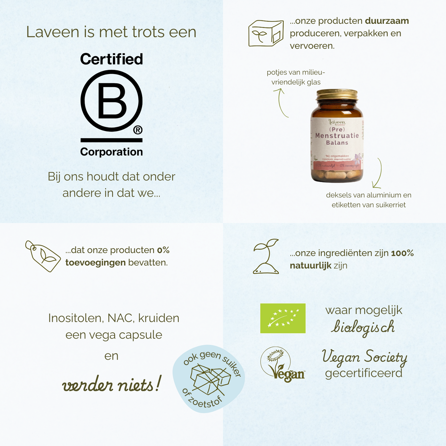 Laveen B Corp gecertificeerd supplementmerk met duurzaam geproduceerde vitamines in glazen potjes, 100% natuurlijke ingrediënten, zonder toevoegingen, vegan capsules en waar mogelijk biologisch.