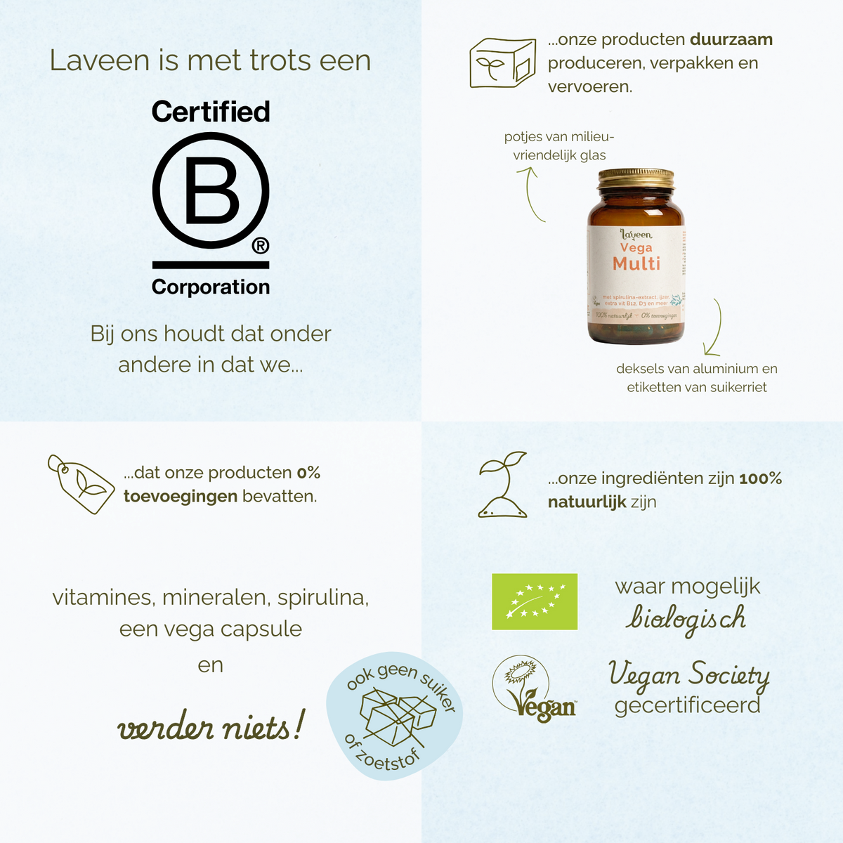 Laveen B Corp gecertificeerd supplementmerk met duurzaam geproduceerde vitamines in glazen potjes, 100% natuurlijke ingrediënten, zonder toevoegingen, vegan capsules en waar mogelijk biologisch.