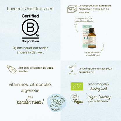 Laveen is een gecertificeerde B Corporation en zet in op duurzaamheid met FSC-gecertificeerde verpakkingen, glazen flesjes en 100% natuurlijke ingrediënten. De producten bevatten geen onnodige toevoegingen, zijn waar mogelijk biologisch en Vegan Society-gecertificeerd.